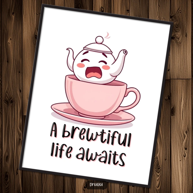 Funny Free Printable Wall Art: A comically startled teapot leaps from a teacup, showcasing surprise, perfect for humorous decor.