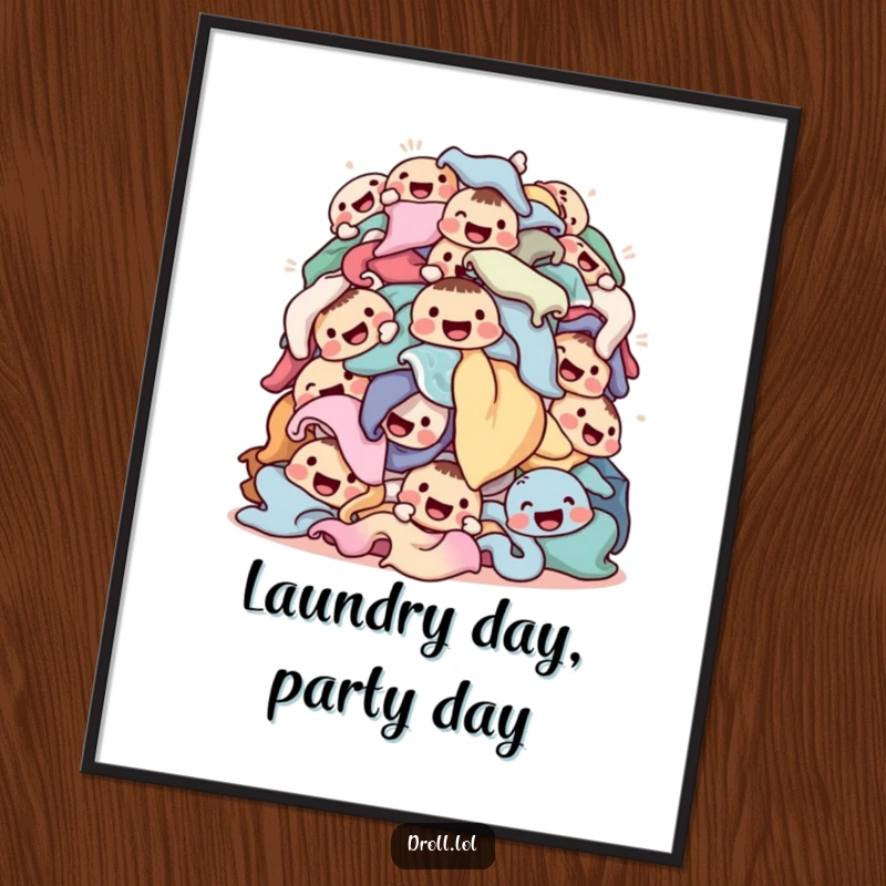 Funny Free Printable Wall Art: A comical pile of tumbling laundry, each item uniquely decorated with a happy face.