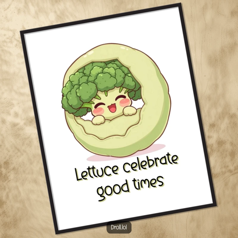 Funny Free Printable Broccoli Wall Art: A giggling broccoli hides inside a larger surprised vegetable, full of cartoon humor.