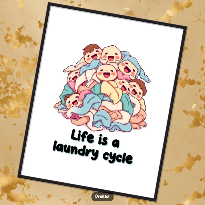 Funny Free Printable Wall Art: A joyous pile of laundry tumbling and swirling, with individual clothes showing happy, smiling faces.