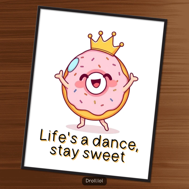Funny Free Printable Wall Art of a cheerful donut wearing a tiny crown performing a silly dance.