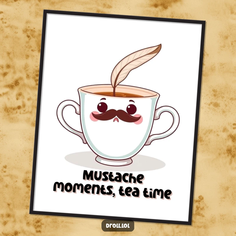 Funny Free Printable Wall Art of a surprised teacup with a mustache being tickled by a feather.