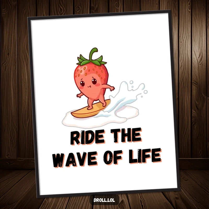 Funny Free Printable Wall Art: A strawberry confidently surfing a milk wave, dynamic and amusing.