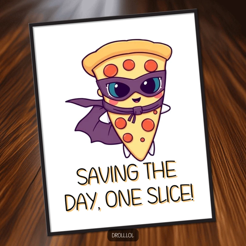 Funny Free Printable Pizza Wall Art: A brave slice of pizza wearing a superhero cape and mask, ready to save the day.