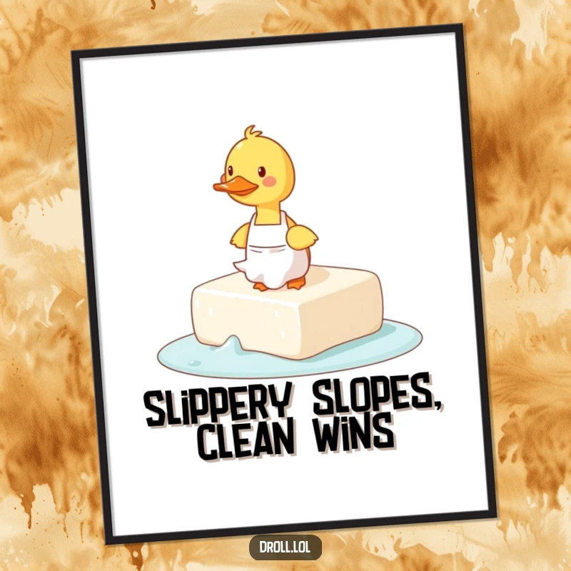 Funny Free Printable Wall Art: A duck in a small apron comically trips while sliding on a massive bar of soap.