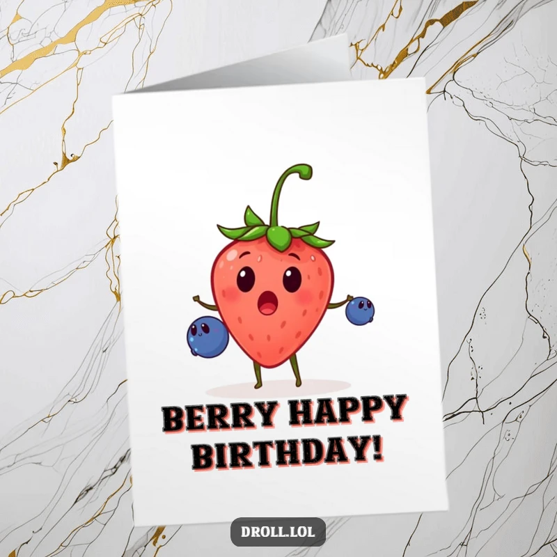 Funny Free Printable Birthday Card: A surprised strawberry energetically juggles three tiny blueberries, celebrating with fruity flair.