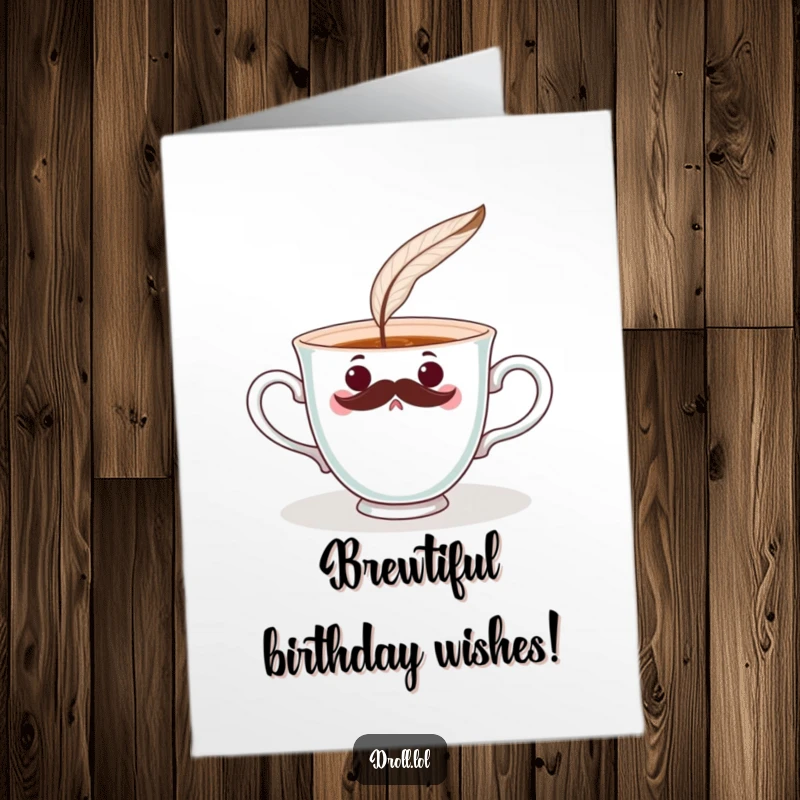 Funny Free Printable Birthday Card of a surprised teacup with a mustache being tickled by a feather.
