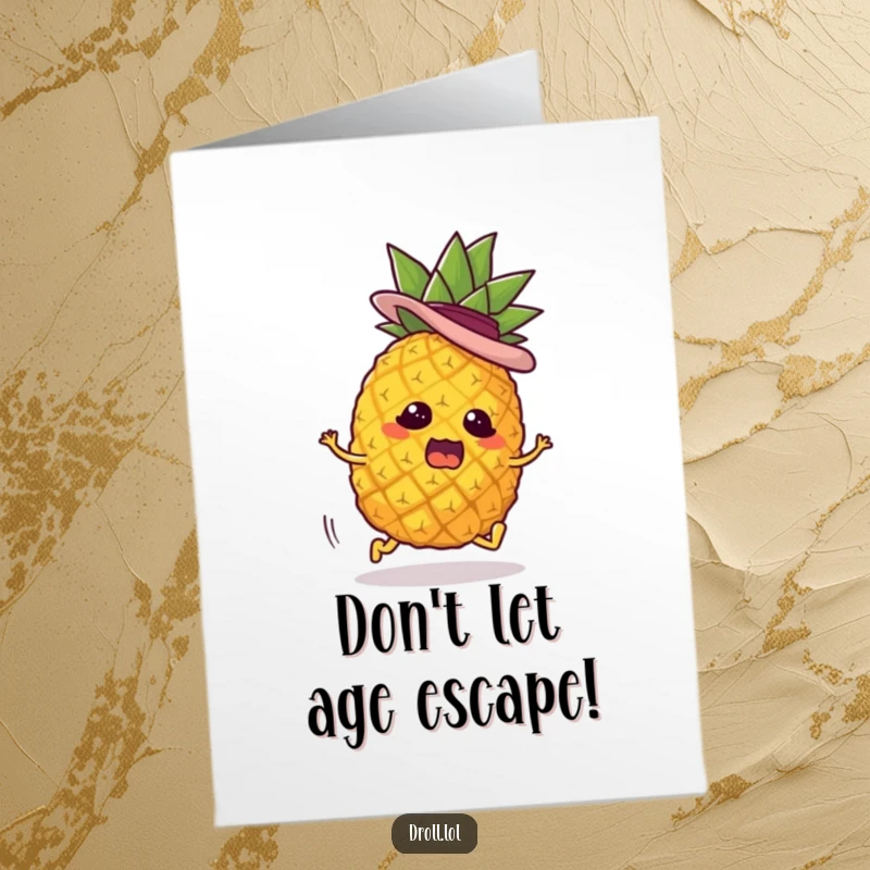 Funny Free Printable Birthday Card: A pineapple with tiny legs runs frantically, wearing a jaunty hat.
