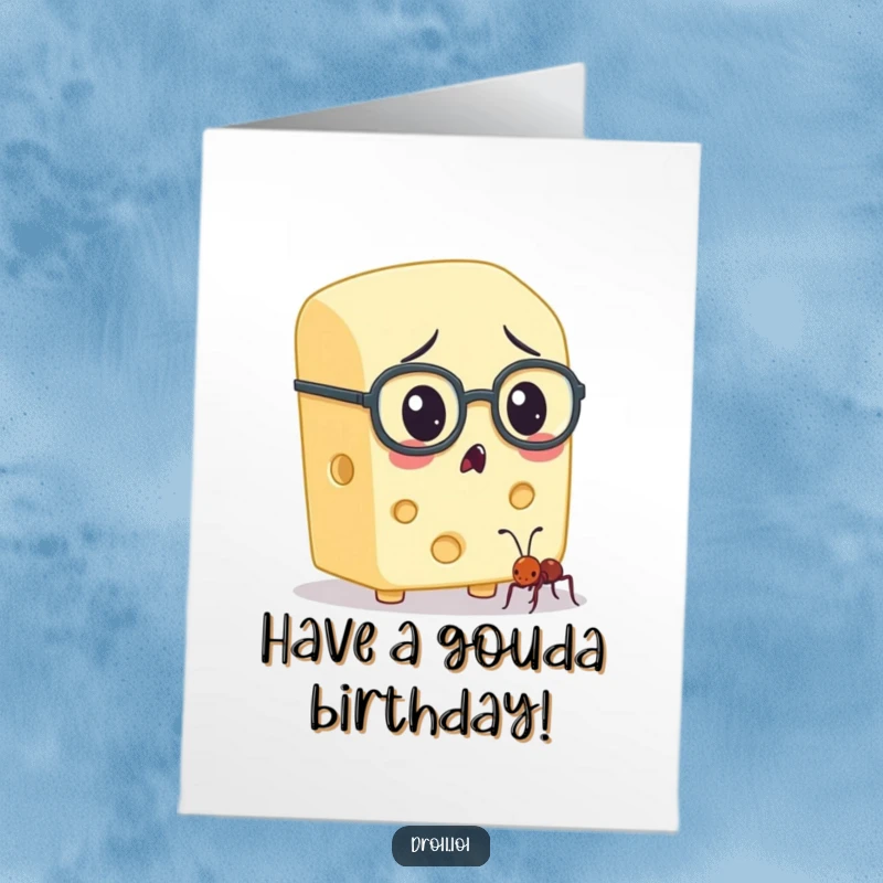 Funny free printable birthday card featuring a block of cheese in tiny spectacles, looking astonished at a tiny ant.