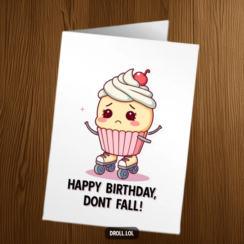 Funny Free Printable Birthday Card: A bewildered cupcake on roller skates is about to take a tumble.
