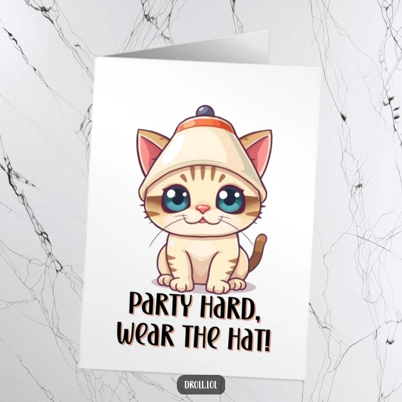 Funny Free Printable Birthday Card: A mischievous cat comically wearing a lampshade as a hat, sporting wide, surprised eyes.