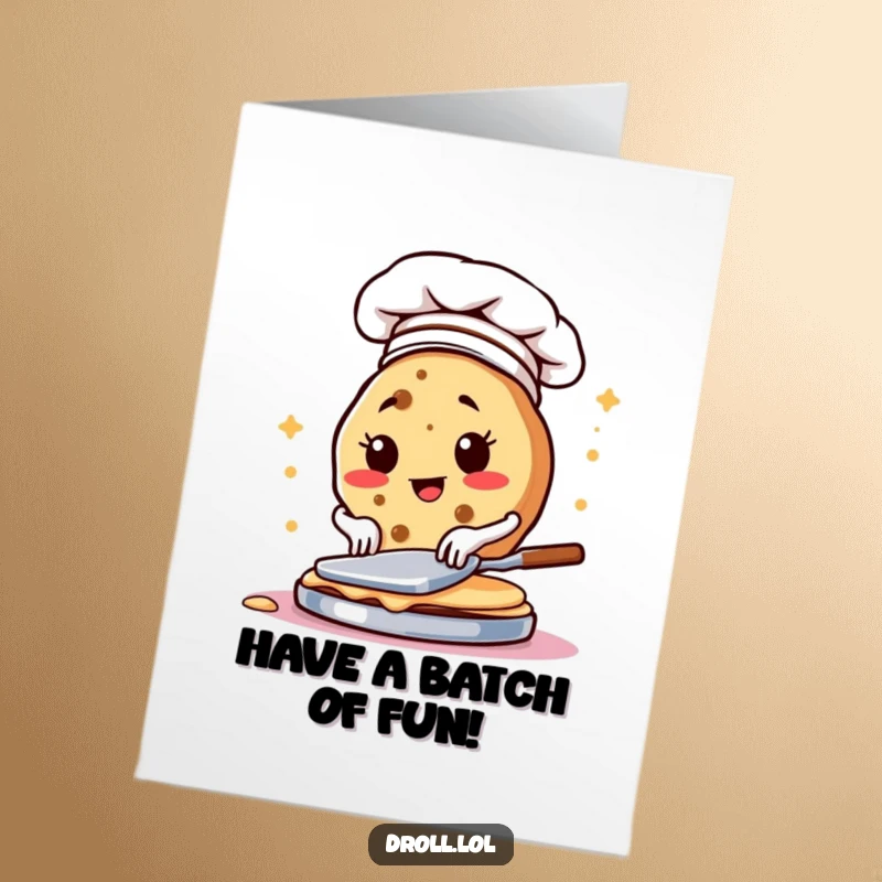 Funny free printable birthday card: A determined cookie in a chef hat expertly flipping a stack of golden pancakes. Culinary downloadable art.