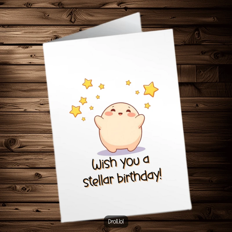 Funny free printable birthday card: A cheerful blob character joyfully attempting to catch shimmering falling stars. Magical downloadable art.