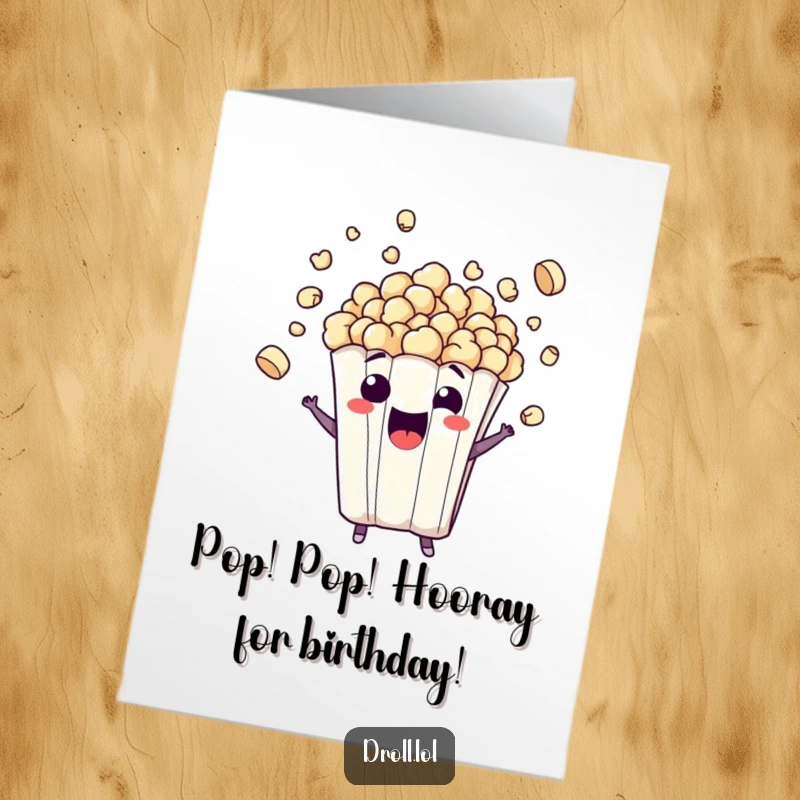 Funny Free Printable Birthday Card: A mischievous popcorn bag character bursting with joy, kernels flying everywhere in celebration.
