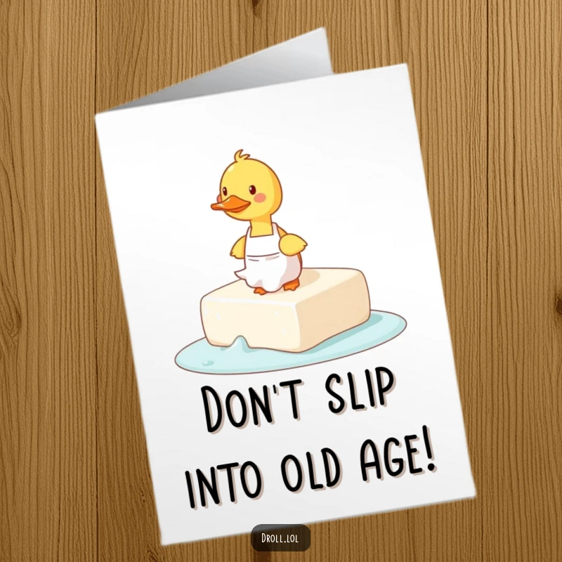 Funny Free Printable Birthday Card: Duck in apron slips dramatically on a giant bar of soap.