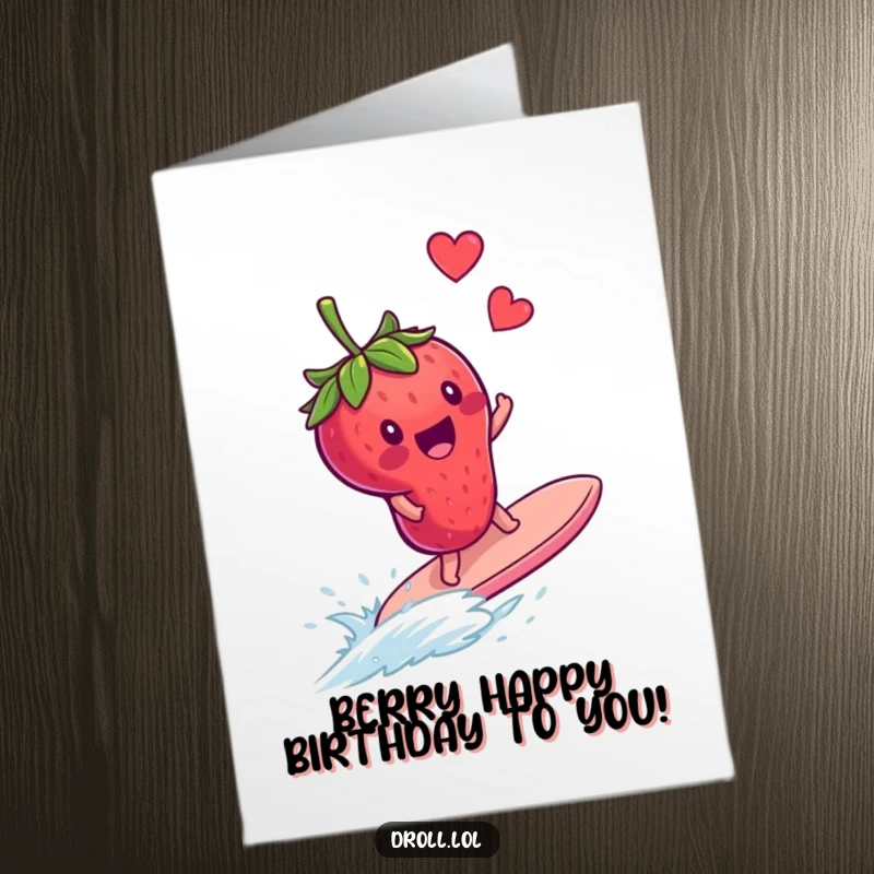 Funny Free Printable Birthday Card: Delighted strawberry surfing on a runaway blueberry, a comical birthday scene.