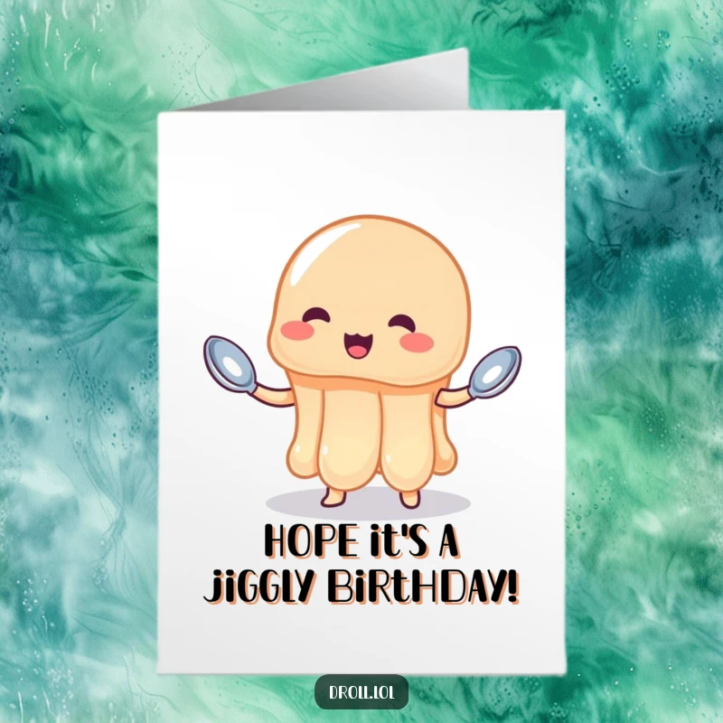 Funny Free Printable Birthday Card: A wobbly jelly attempts to juggle three small spoons, looking unsteady.
