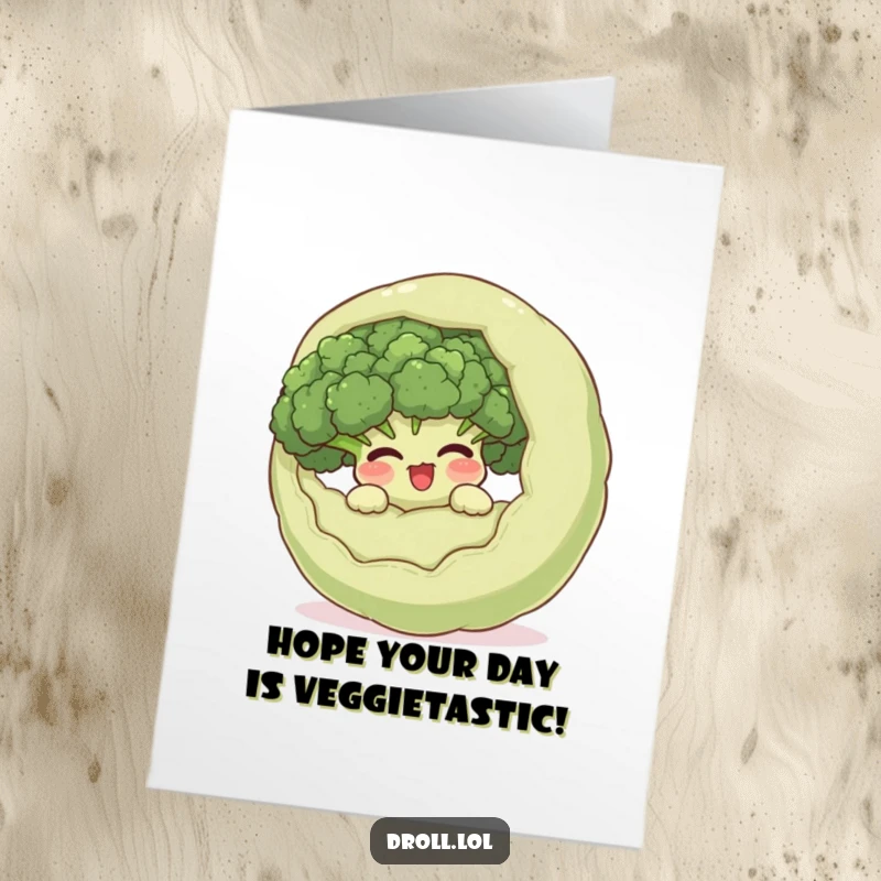 Funny Free Printable Broccoli Birthday Card: Giggling broccoli hides inside a surprised larger vegetable, festive and playful.
