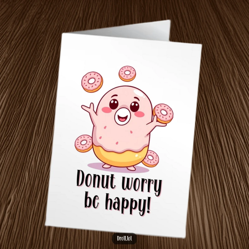 Funny Free Printable Birthday Card: Happy donut juggling tiny donuts, spreading joy. A hilarious, downloadable greeting.