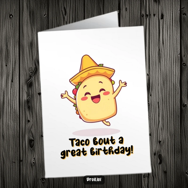 Funny Free Printable Taco Birthday Card: A happy taco wearing a mariachi hat, dancing energetically with a festive vibe.