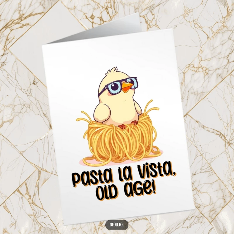 Funny Free Printable Birthday Card: Bird in glasses struggles to build nest with giant spaghetti strands.