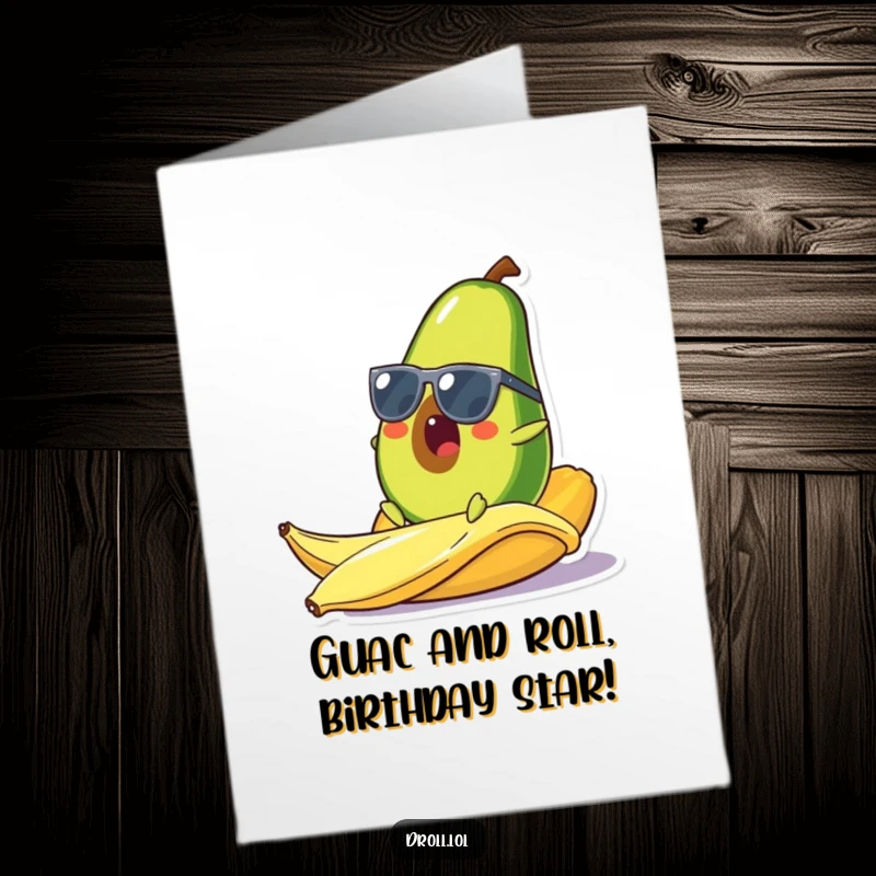 Funny Free Printable Birthday Card: A shocked avocado in sunglasses comically slipping on a banana peel, unexpected birthday humor.