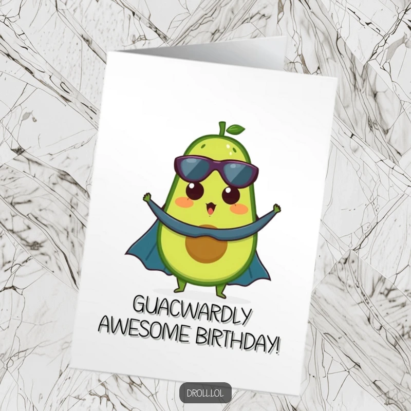 Funny Free Printable Birthday Card: Surprised avocado wearing a superhero cape, ready to save the birthday with humor.
