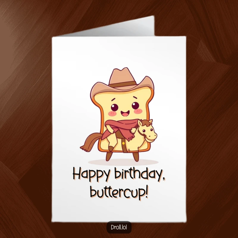 Funny Free Printable Birthday Card: Smiling slice of bread dressed as a cowboy, happily riding a pat of butter.