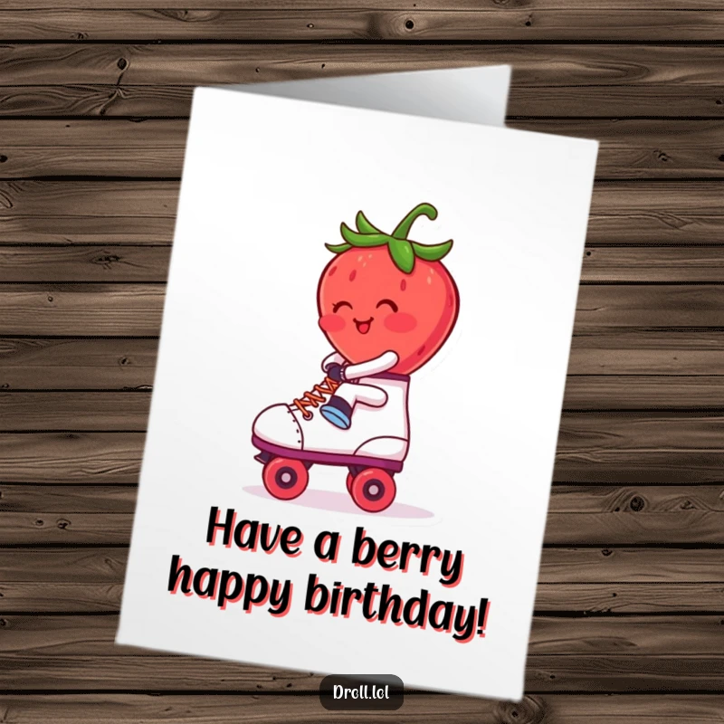 Funny Free Printable Birthday Card: A blushing strawberry comically rides backwards on a roller skate with a joyful expression.