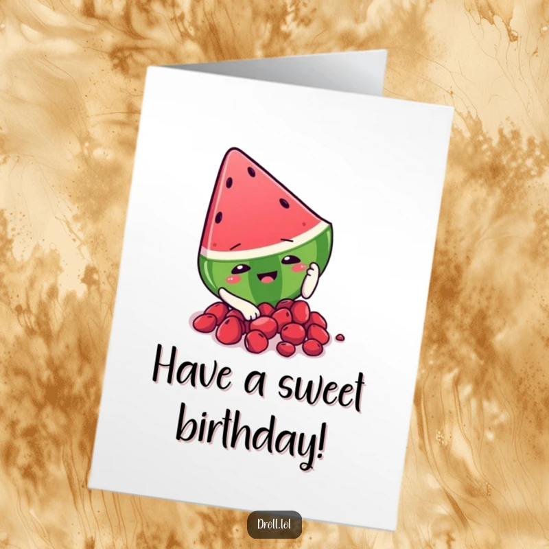 Funny free printable birthday card showing a watermelon slice slipping comically on its own seeds.