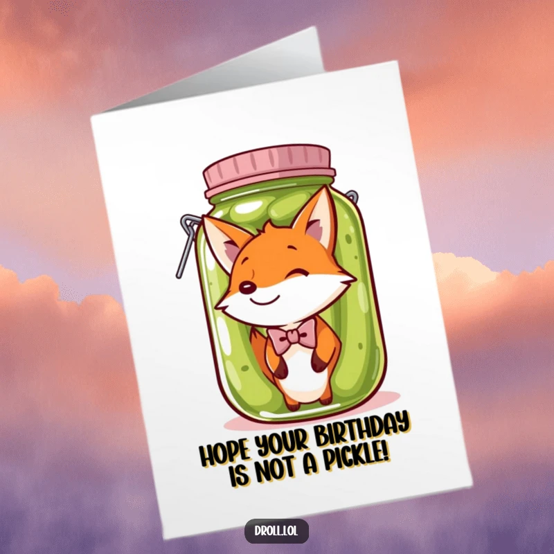 Funny Free Printable Birthday Card: A fox in a bow tie comically stuck inside a giant pickle jar.