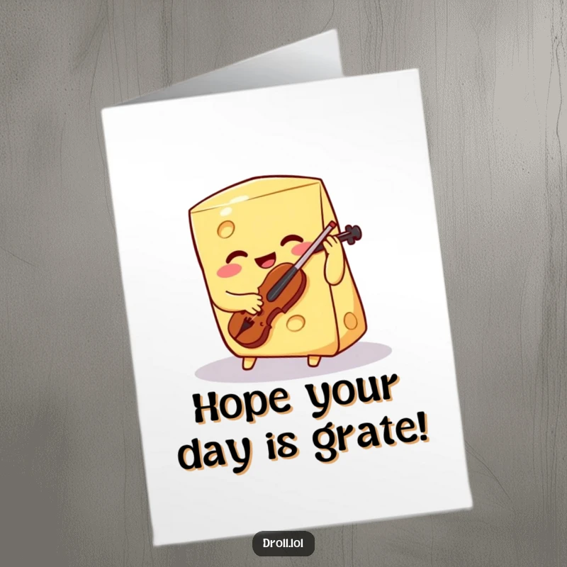 Funny Free Printable Cheese Wedge Birthday Card: Smiling cheese plays a tiny violin with one hole, celebrating.