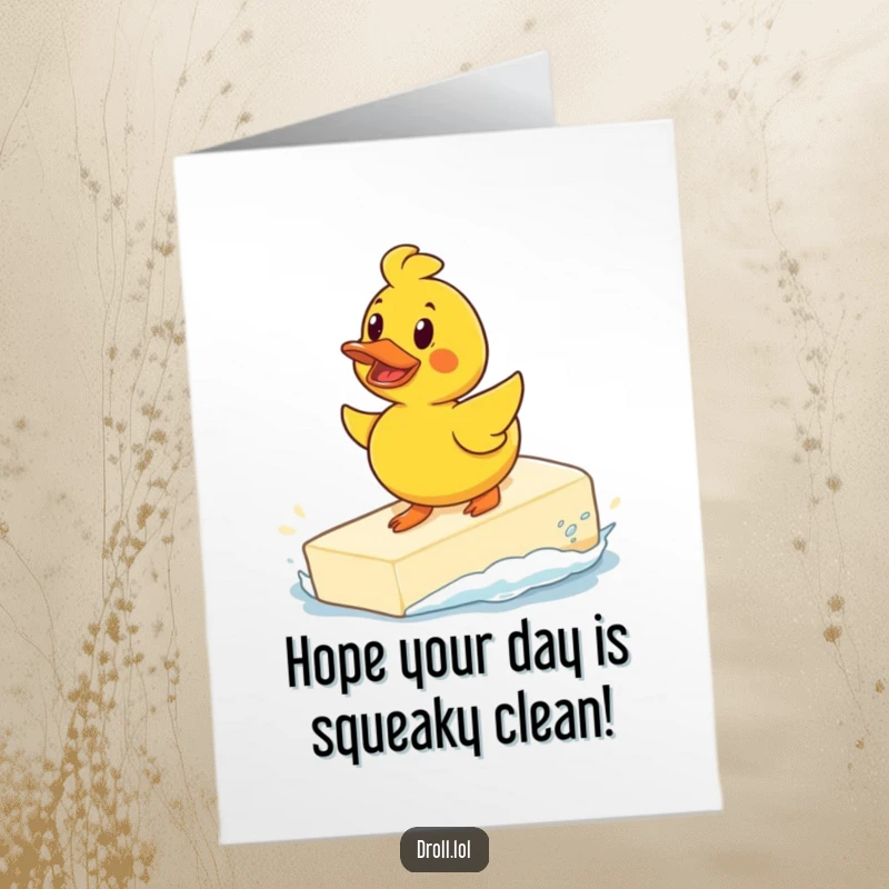 Funny Free Printable Rubber Duck Birthday Card: Determined duck surfs a giant soap bar, ready for birthday fun.
