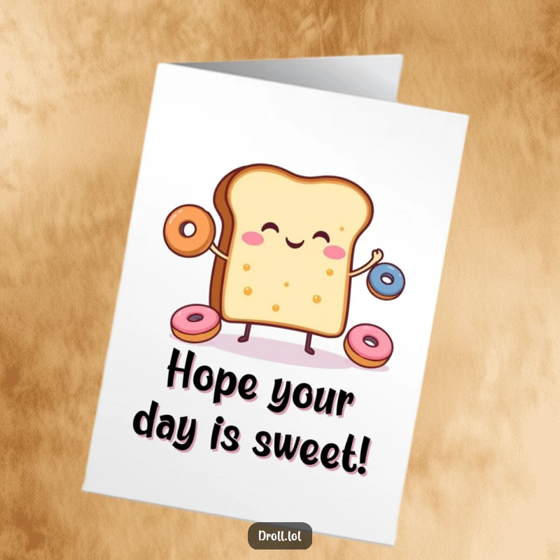 Funny Free Printable Birthday Card: A cheerful slice of toast happily juggles tiny donuts, celebrating.