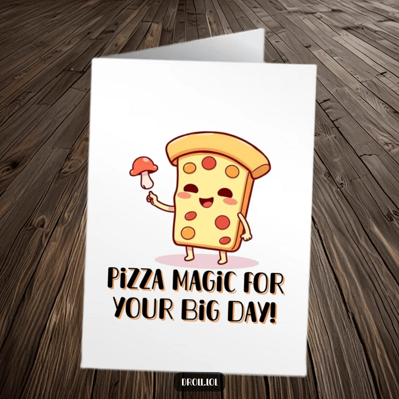 Funny Free Printable Birthday Card: Smug pizza character magically levitating a mushroom, perfect for a whimsical celebration.