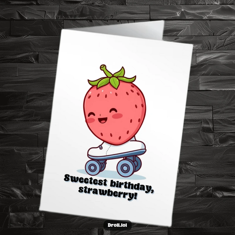 Funny Free Printable Birthday Card: A shy, blushing strawberry skates backwards with a comical expression.