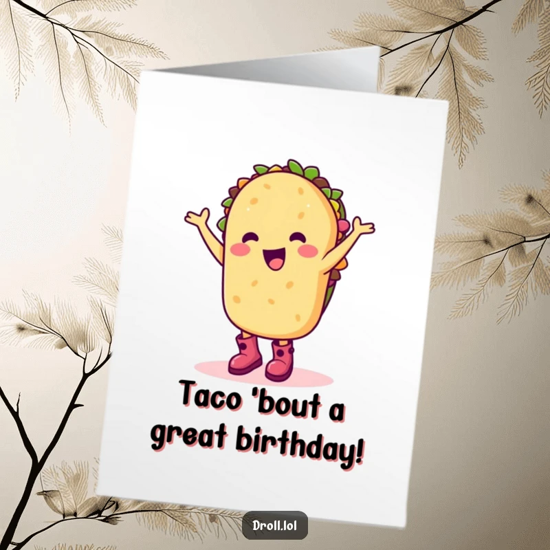 Funny Free Printable Birthday Card: A happy taco wearing boots does a silly dance, ready to party.