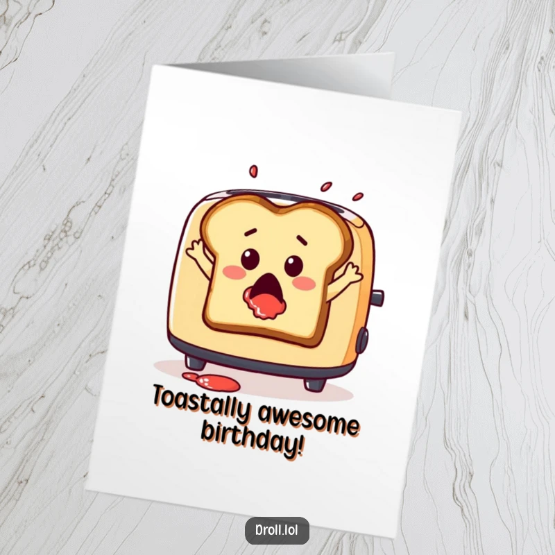 Funny Free Printable birthday card, a surprised slice of toast dramatically leaping from a toaster with jam splattered, celebrating.