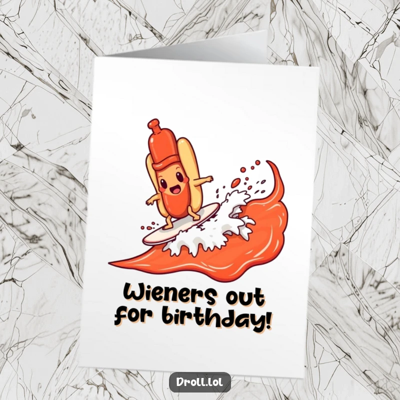 Funny free printable birthday card featuring a determined hot dog character surfing a giant ketchup wave with glee.