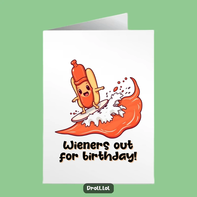 Free Printable Birthday Card: Funny Hot Dog Surfing Ketchup Wave, Hilarious Downloadable Gift