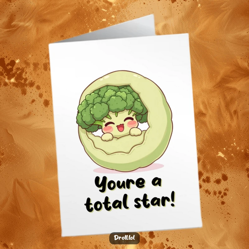 Funny Free Printable Broccoli Congratulations Card: Giggling broccoli peeks from a surprised vegetable, celebrating hidden talents.