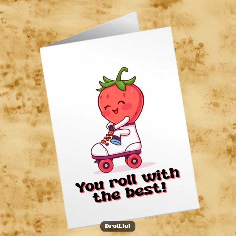 Funny Free Printable Congratulations Card: A blushing strawberry skates backward on a roller skate, celebrating an achievement with a bashful grin.