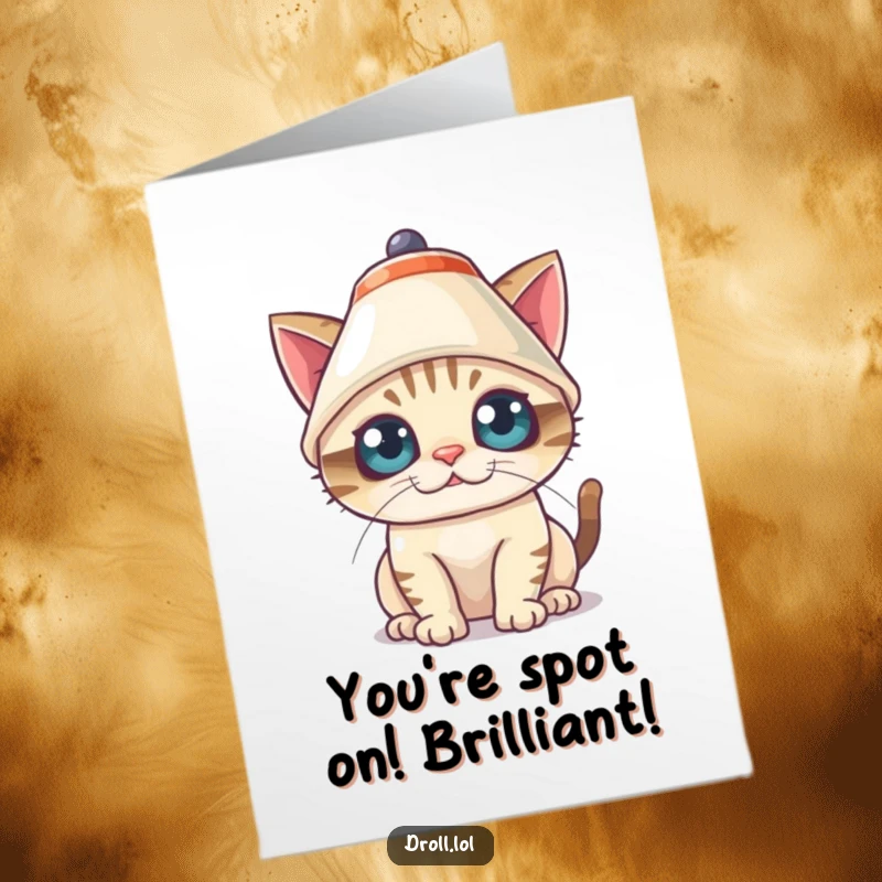 Funny Free Printable Congratulations Card: A cat humorously sporting a lampshade as a hat, its wide eyes reflecting playful mischief.