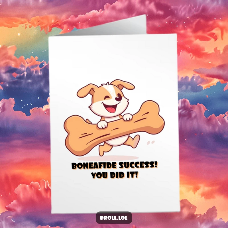 Funny Free Printable Congratulations Card: A dog with a silly grin joyfully pursuing a massive bone, symbolizing reaching a big goal.