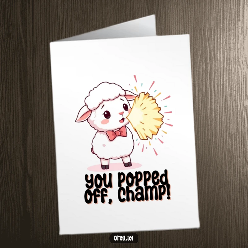 Funny Free Printable Congrats Card: A sheep wearing a bowtie looks shocked as a giant party popper explodes.