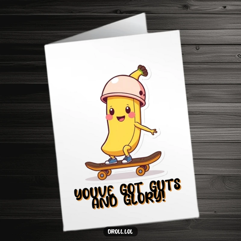 Funny Free Printable Congratulations Card: A helmet-clad banana peel zooms on a skateboard, celebrating a victory.