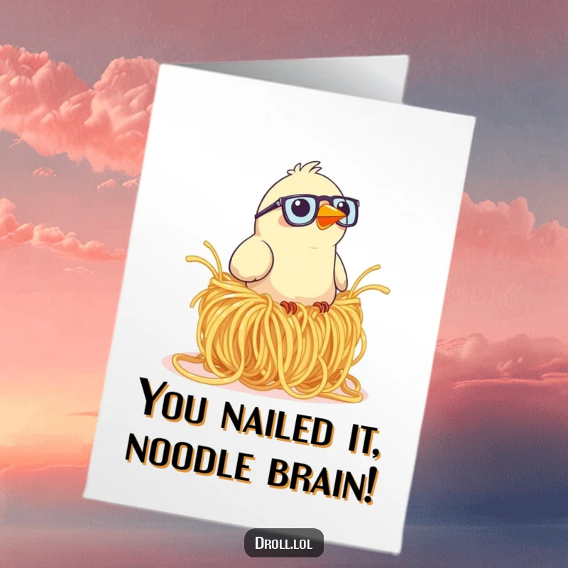 Funny Free Printable Congrats Card: Bird in glasses proudly surveys his giant spaghetti nest.