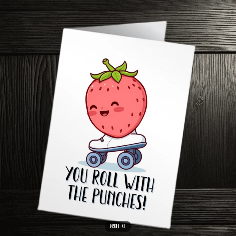 Funny Free Printable Congratulations Card: A blushing strawberry rides a roller skate backwards, celebrating a win.