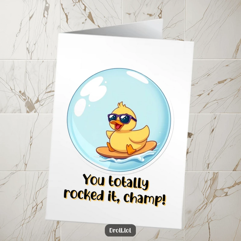 Funny Free Printable Congratulations Card: Cool rubber duck surfing a massive bubble, exuding celebratory vibes. A unique DIY gift.