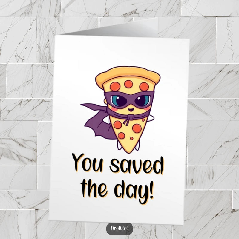 Funny Free Printable Pizza Congratulations Card: A pizza slice in a superhero cape and mask, celebrating a triumph.